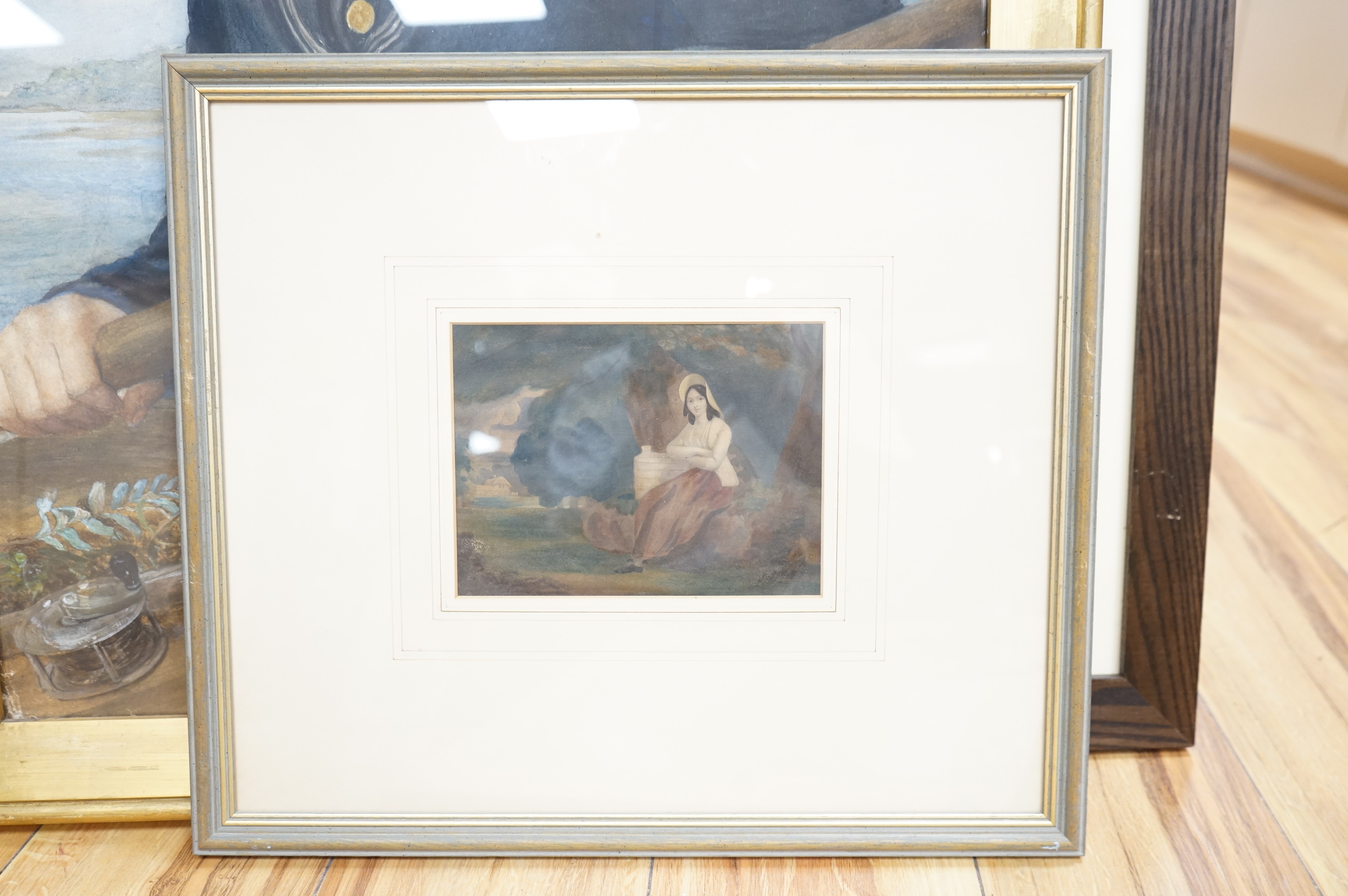 Manner of George Morland (1763-1804), Country girl seated in a landscape, and country boy at rest beneath a tree with his dog, two watercolours, unsigned, 13 x 17cm, Provenance: Bell Hall, Naburn, York